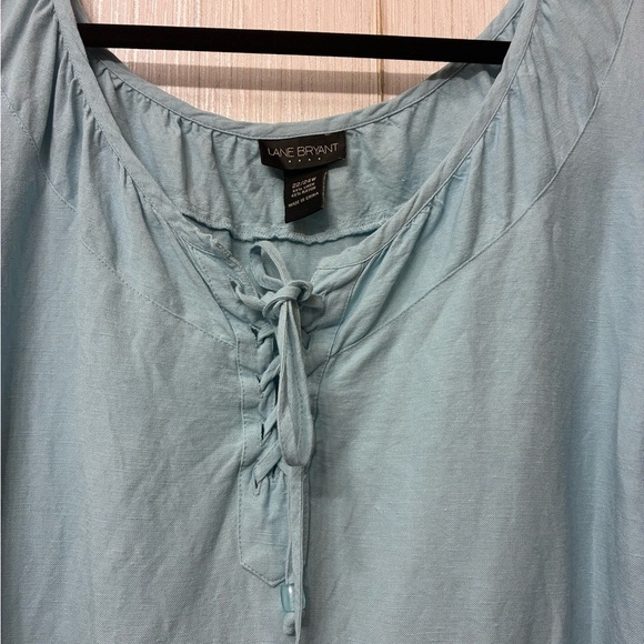 Lane Bryant Plus 22/24W Linen Rayon Peasant Blouse Top Seafoam Aqua Tie Neck - Picture 4 of 8
